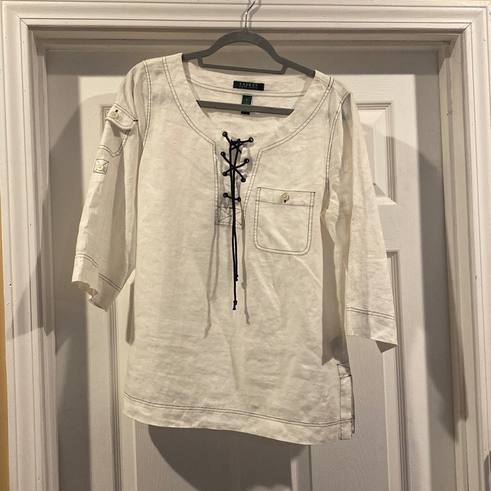 Lauren white with blue stitching top
